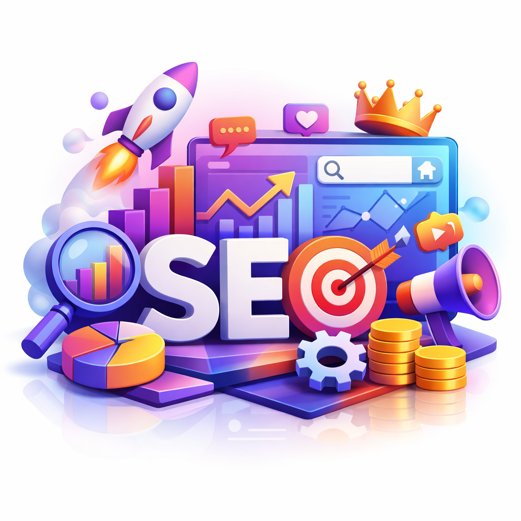 Illustrative 3D graphic representing on-page SEO