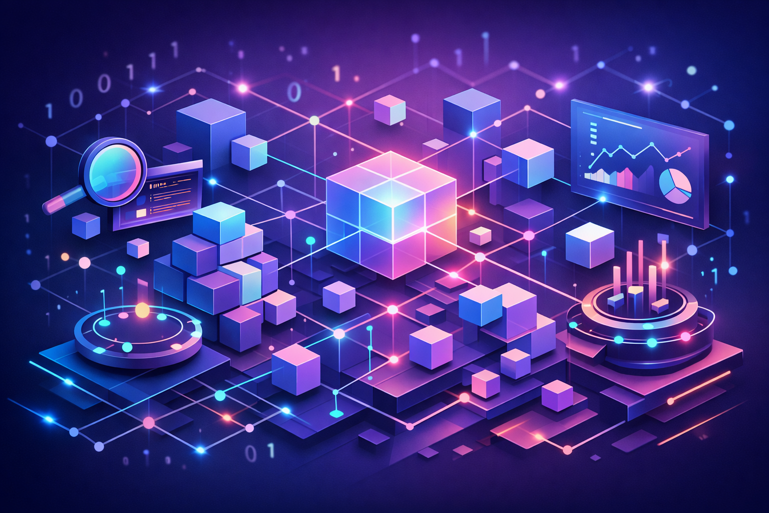 Illustrative 3D network graphic representing technical SEO