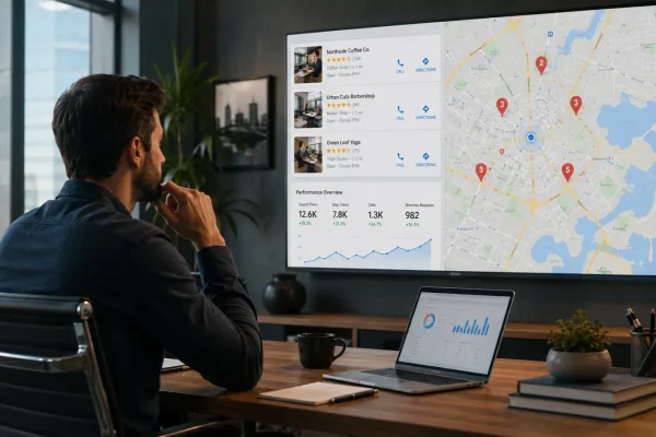 Professional reviewing local SEO map rankings and small business performance dashboard