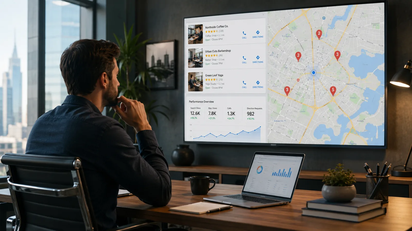 Professional reviewing local SEO map rankings and small business performance dashboard