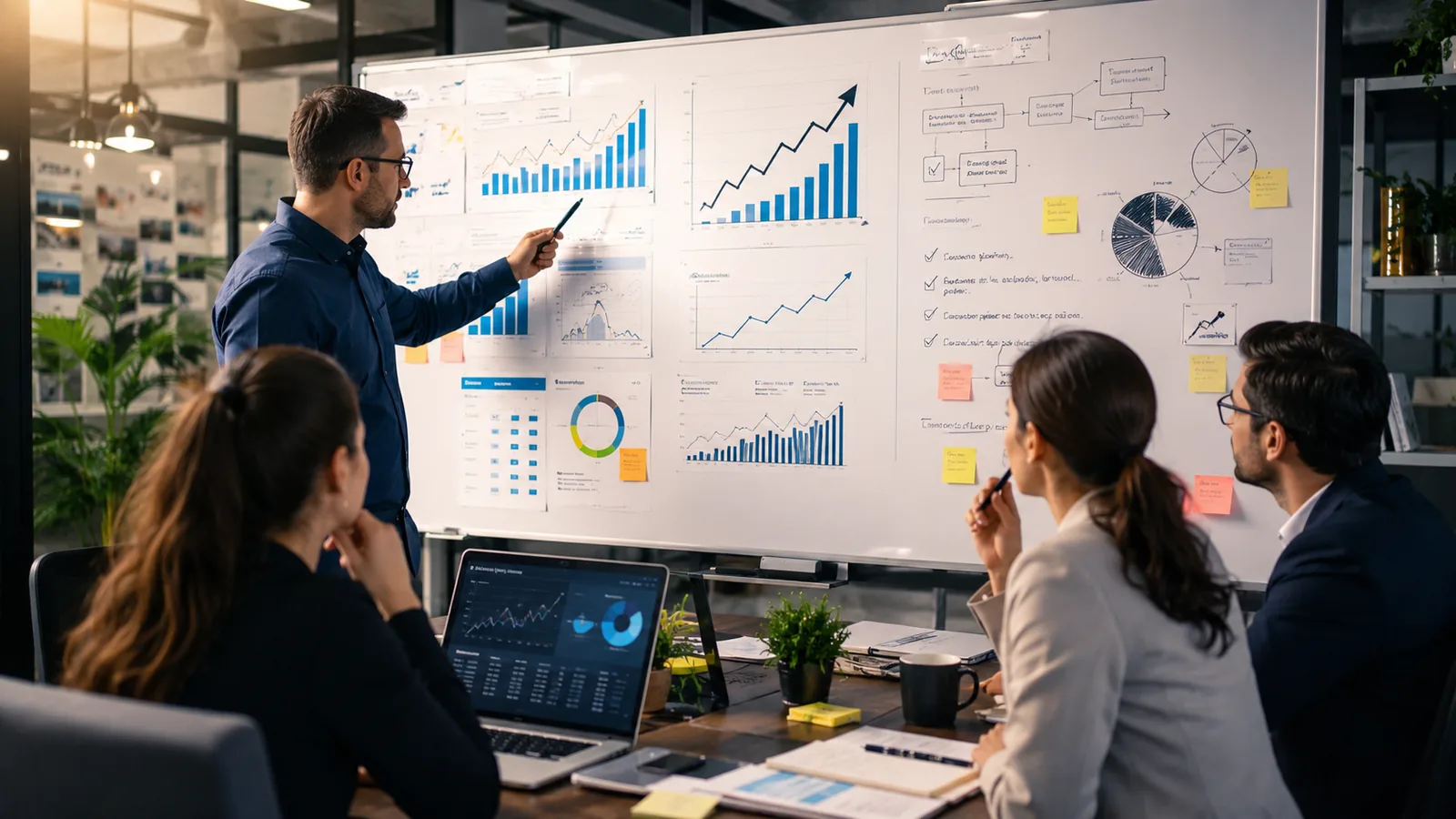 Team planning a structured SEO recovery strategy with charts and ranking improvements