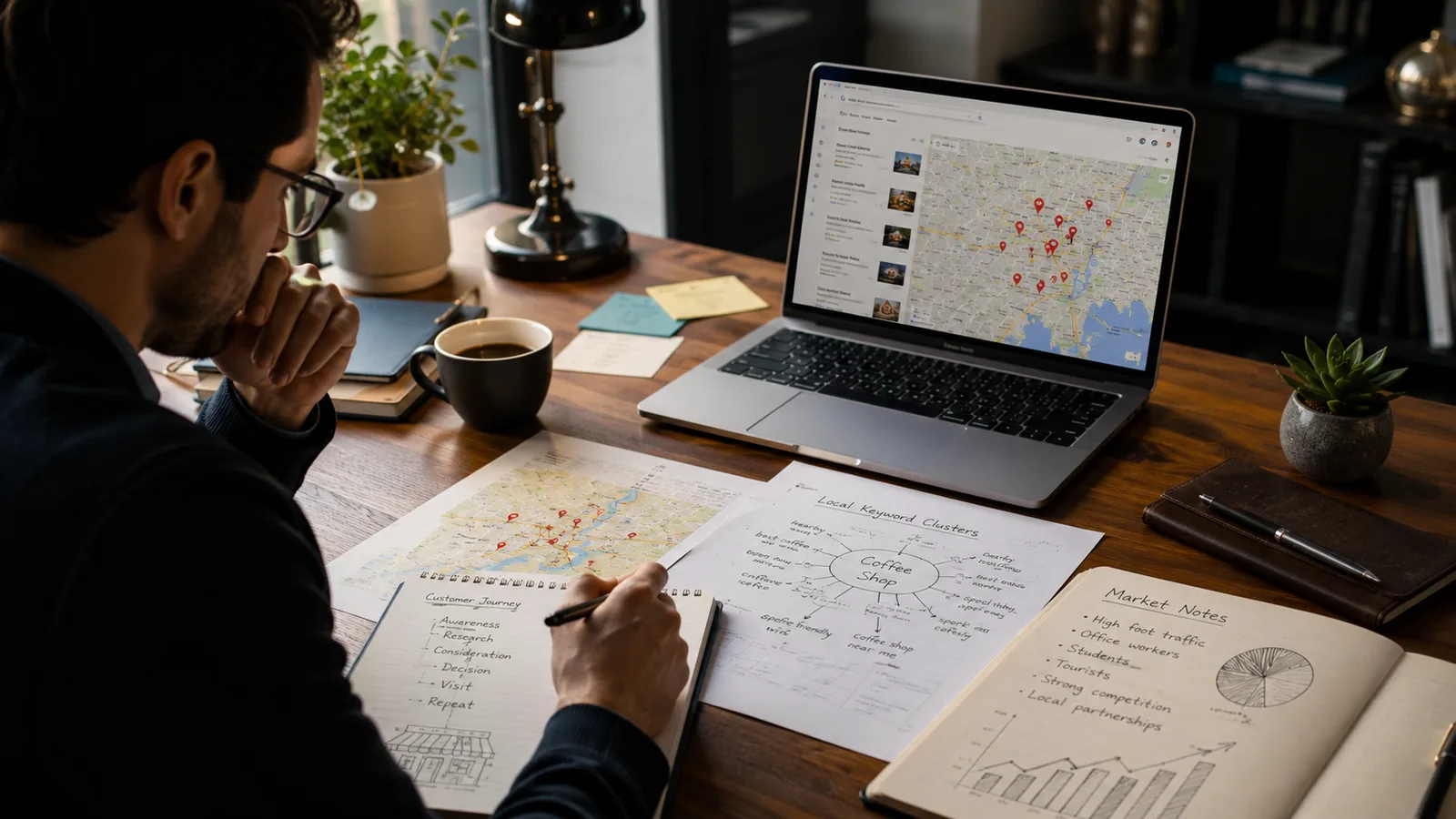 Strategist planning local keywords and customer journey for a small business