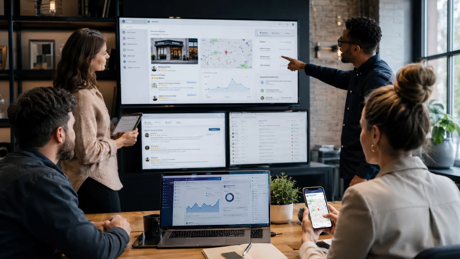 Marketing team reviewing Google Business Profile, reviews, local pages, and analytics