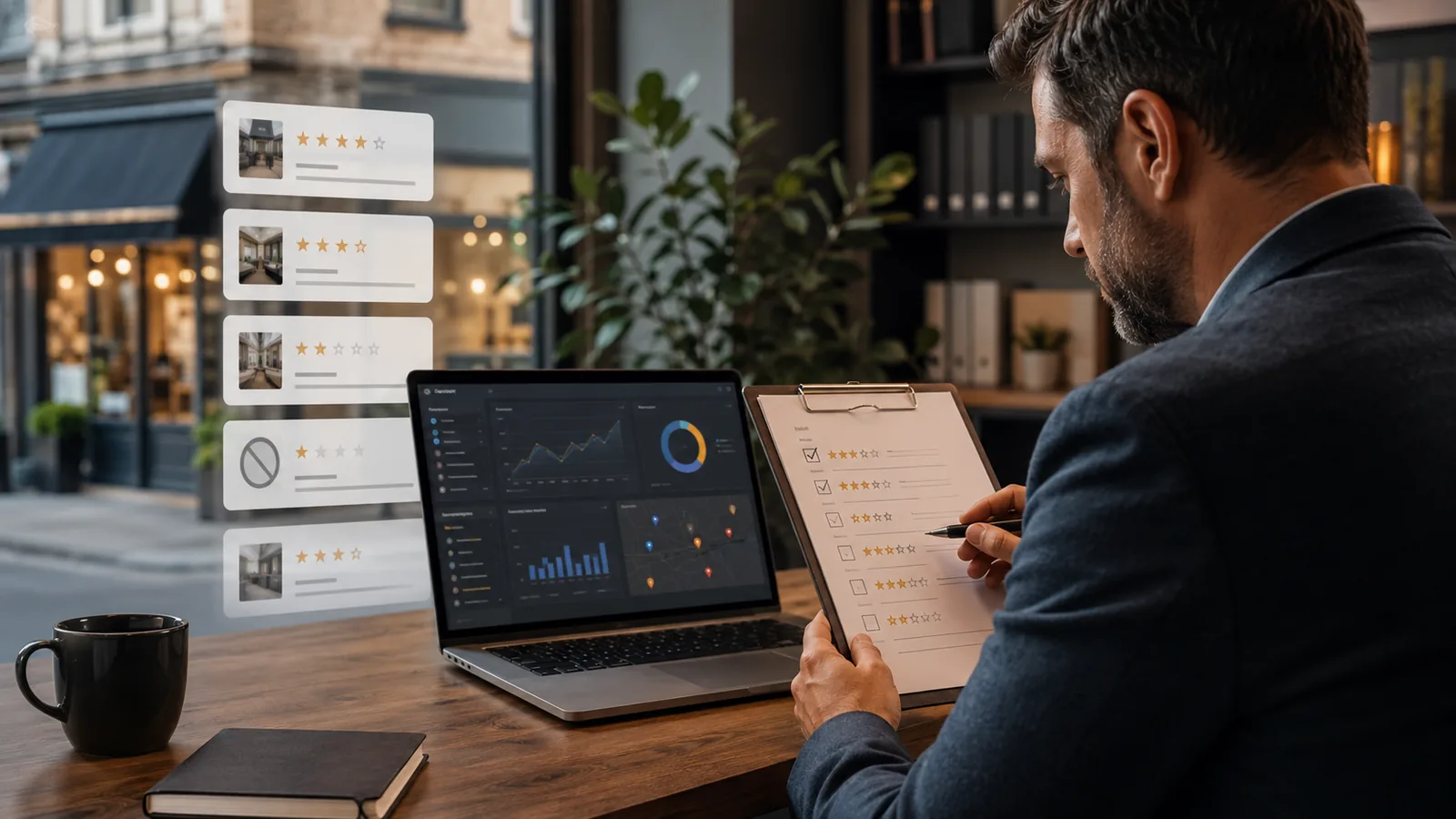 Consultant auditing local reviews, ratings, reputation signals, and local SEO analytics