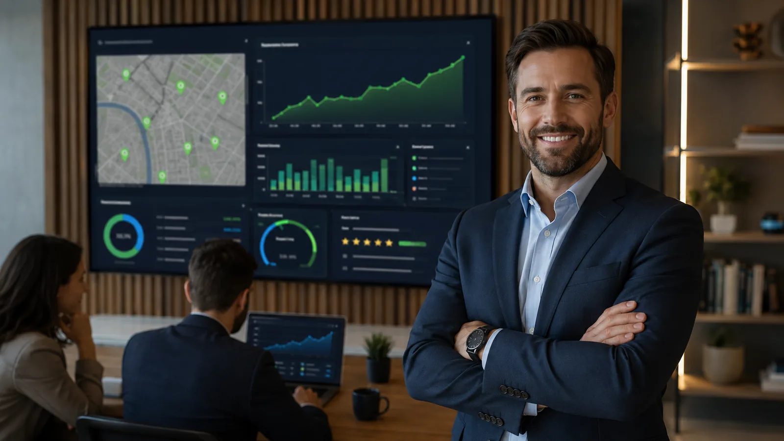 Business presentation showing local SEO growth, calls, map views, rankings, and leads