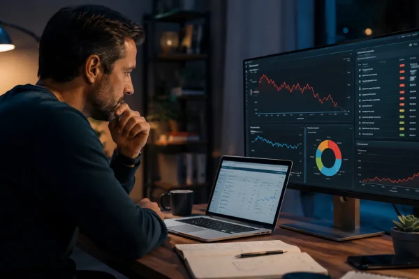Professional analyzing ranking decline and SEO performance issues on a dashboard