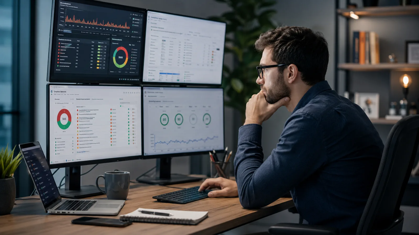 SEO professional reviewing technical SEO issues and content performance on multiple screens