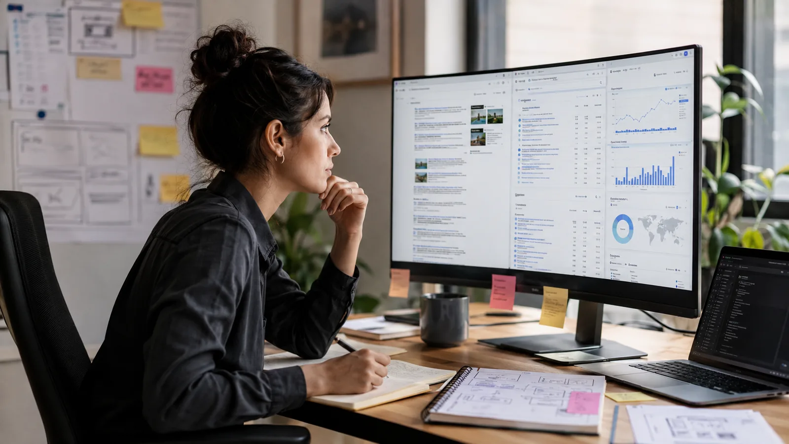 SEO strategist evaluating search results, analytics, and on-page optimization opportunities