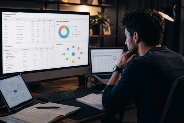 10 SEO Strategies That Actually Work in 2026 - Strategic SEO Research shown in a professional digital marketing workspace