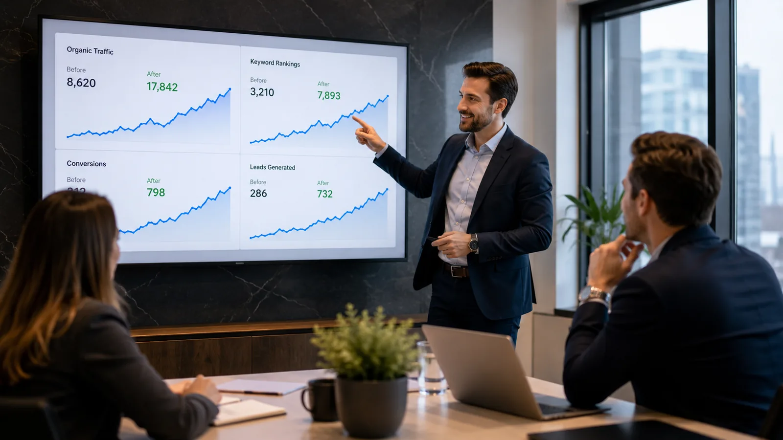 How an SEO Agency Can Double Your Organic Traffic - Ranking Quality Review shown in a professional digital marketing workspace