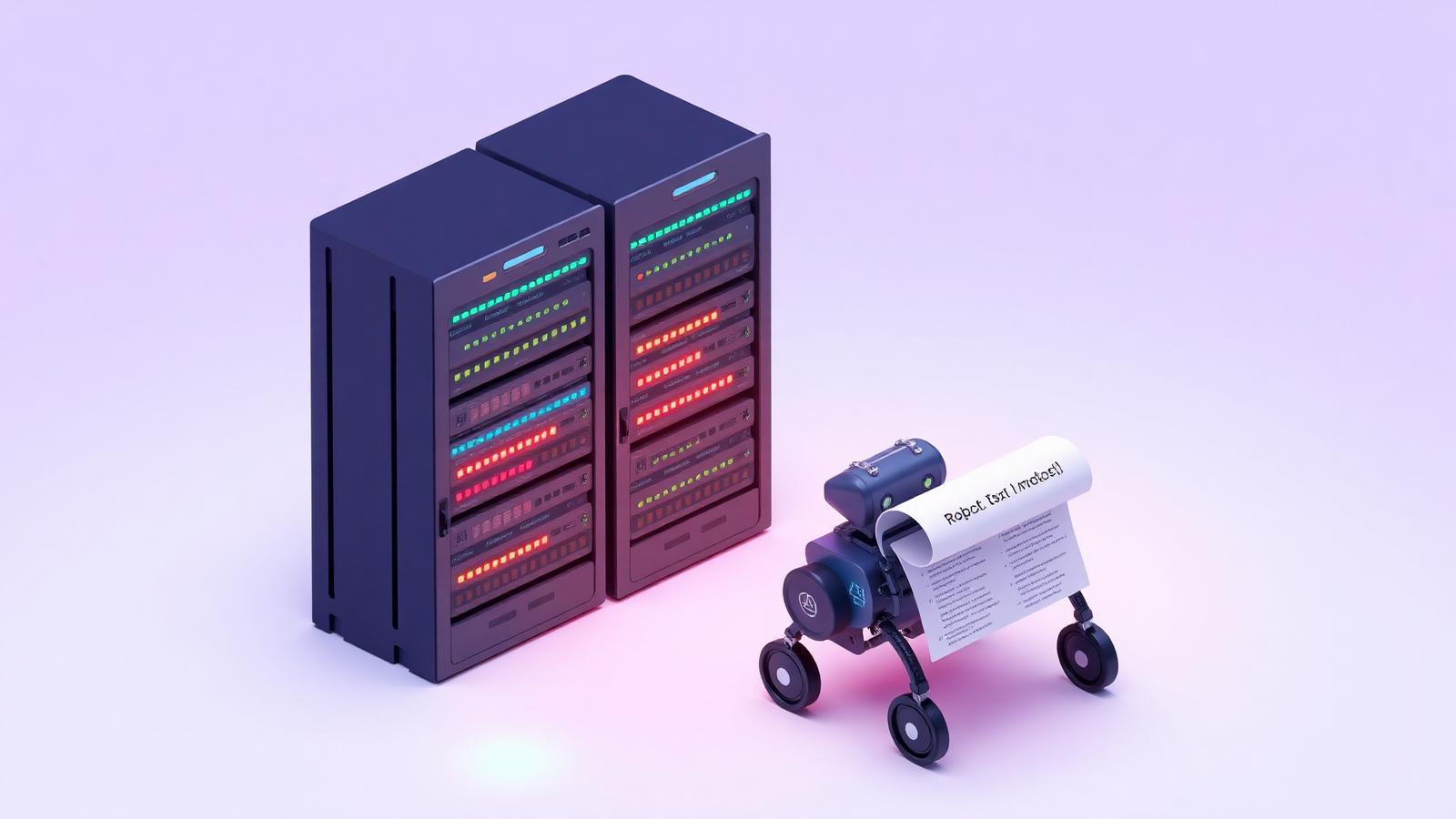 Isometric illustration of an AI crawler robot reading server logs and a robots file