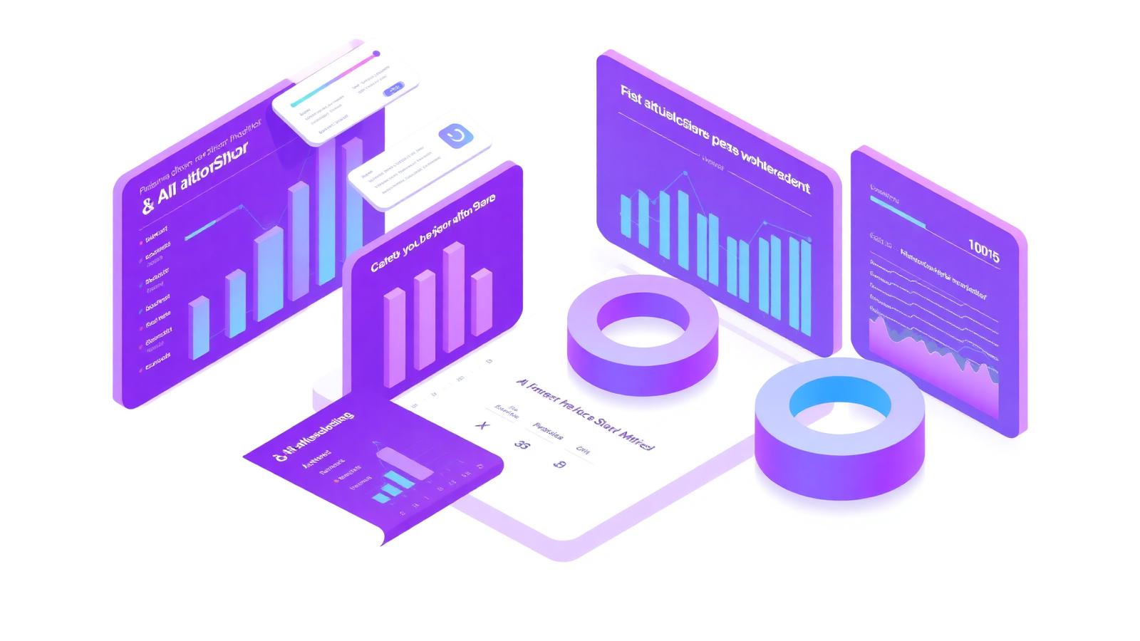 Isometric dashboard showing AI citation share metrics and charts