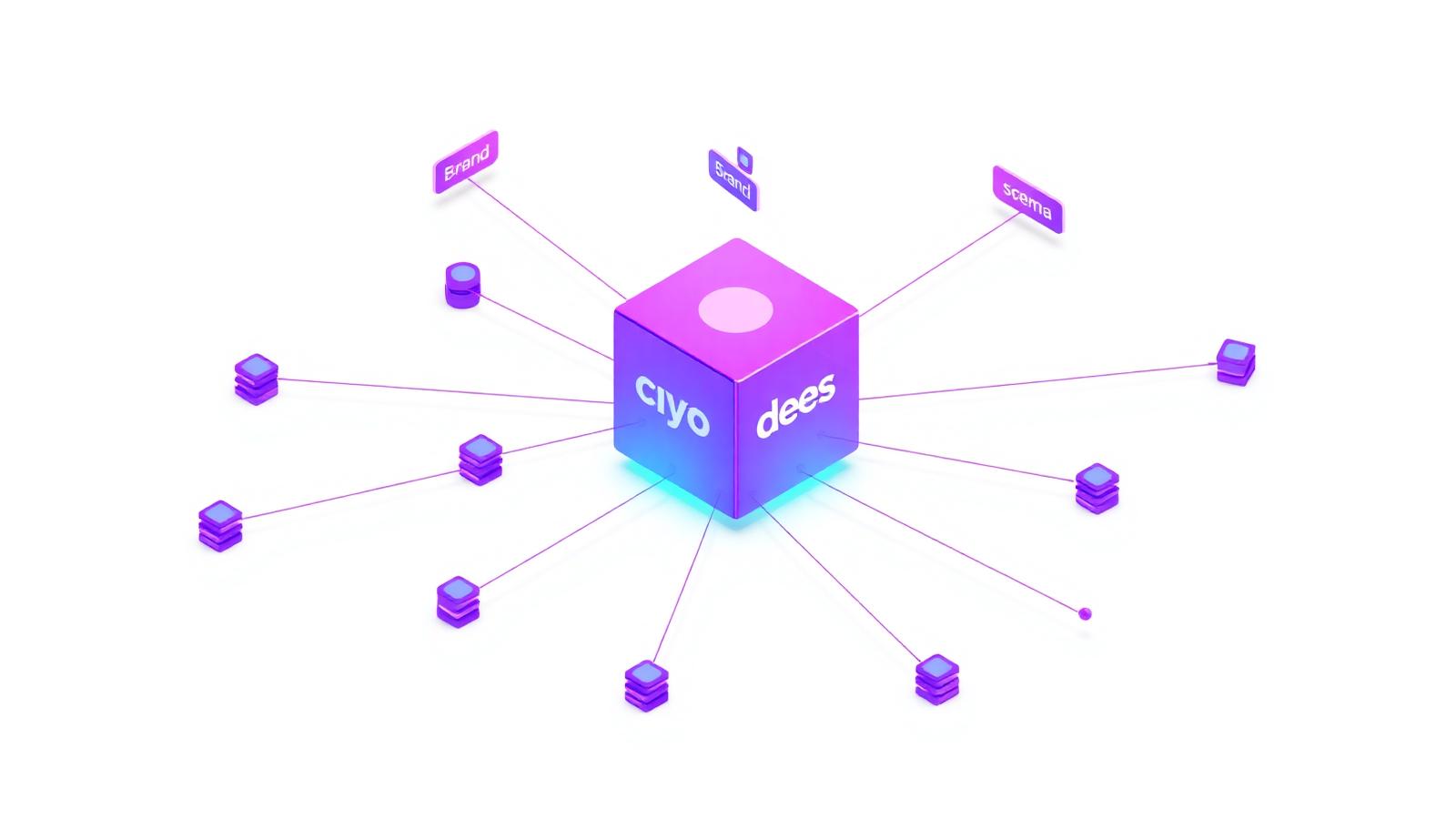 Isometric knowledge graph with a central brand cube connected to entity nodes