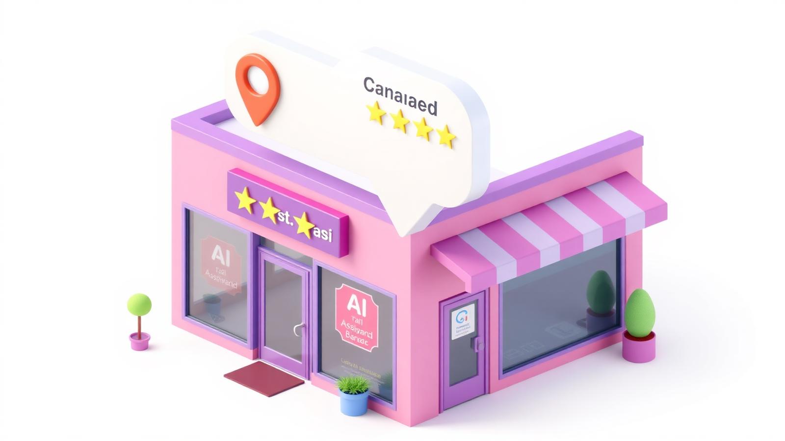 Isometric storefront being recommended by an AI assistant with map pin and review stars