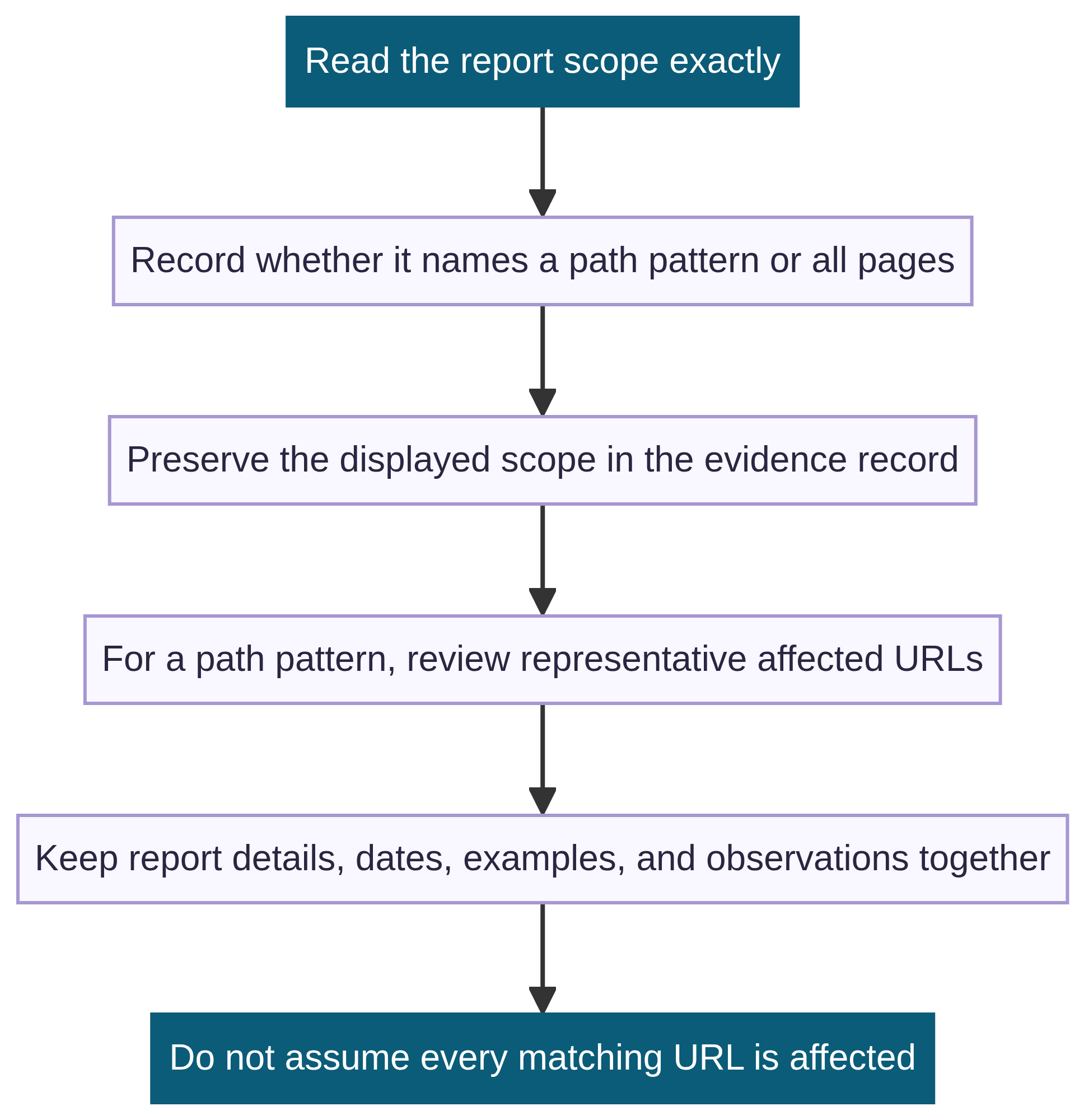 Vertical evidence sequence for recording whether a Manual Action report names a path pattern or all pages, preserving scope, reviewing representative URLs, and avoiding the assumption that every matching URL is affected.