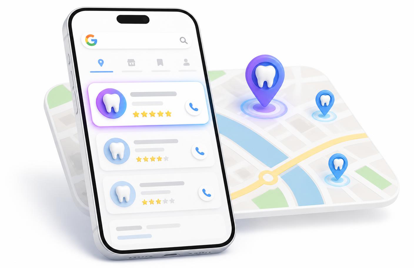Google map pack showing a dental practice ranked first with five stars
