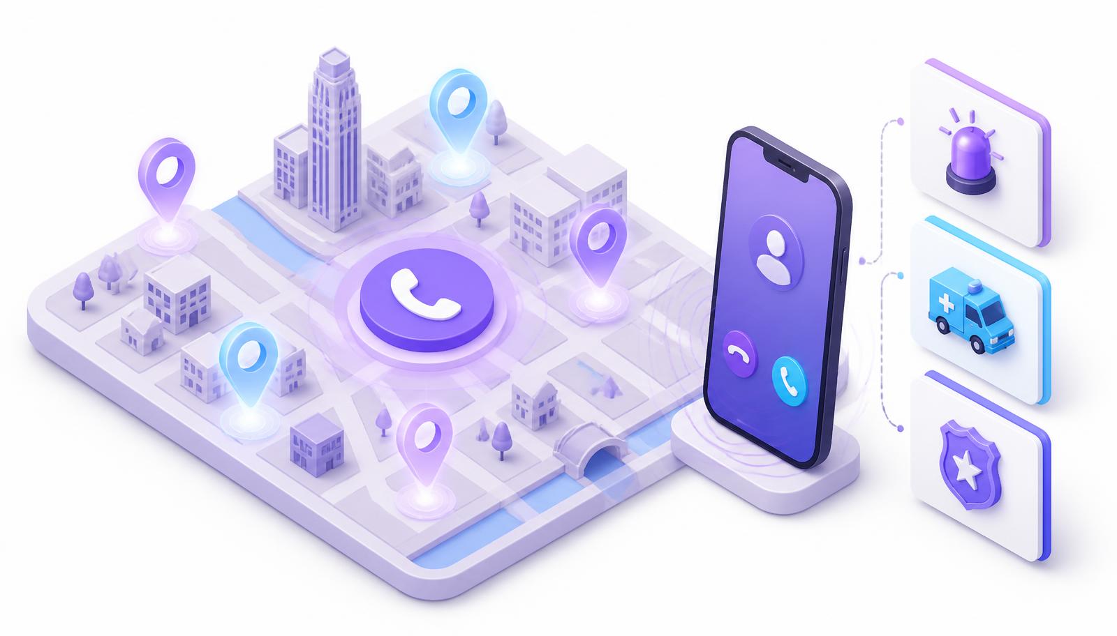 Isometric map with glowing location pins, an emergency call icon, and floating service-area cards