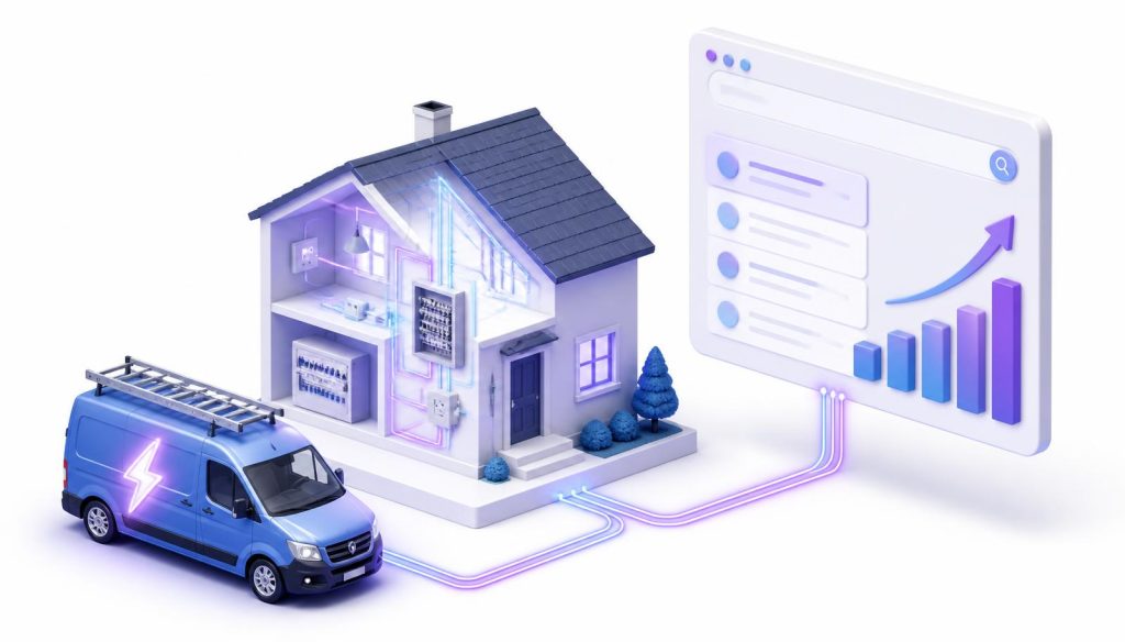 Electrician van and wired house connected to a search results panel with a rising rank chart
