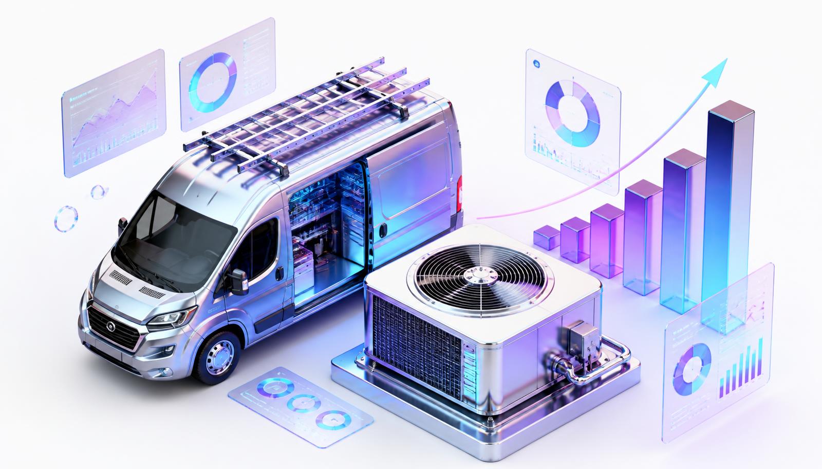 3D illustration of an HVAC service van and air conditioner with rising ranking analytics