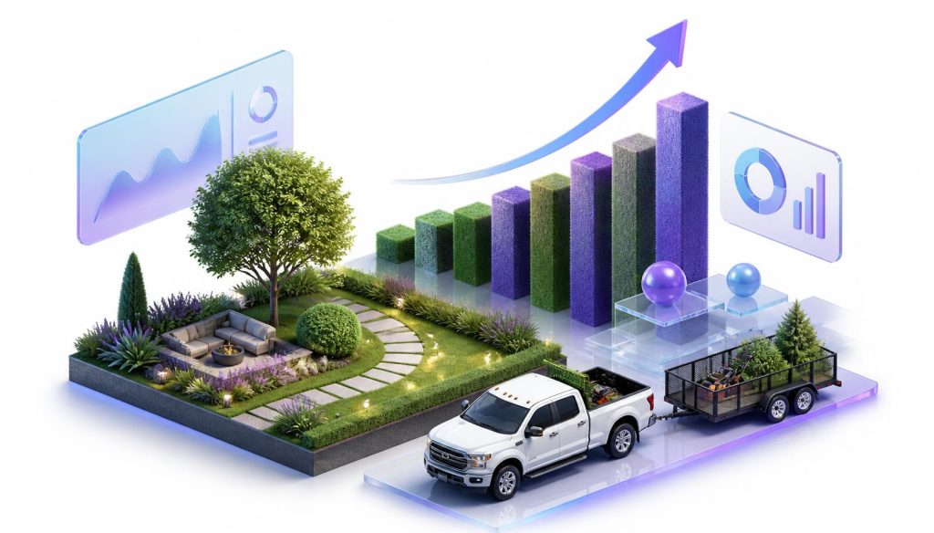 Landscaping SEO growth dashboard with rising rankings chart and work truck