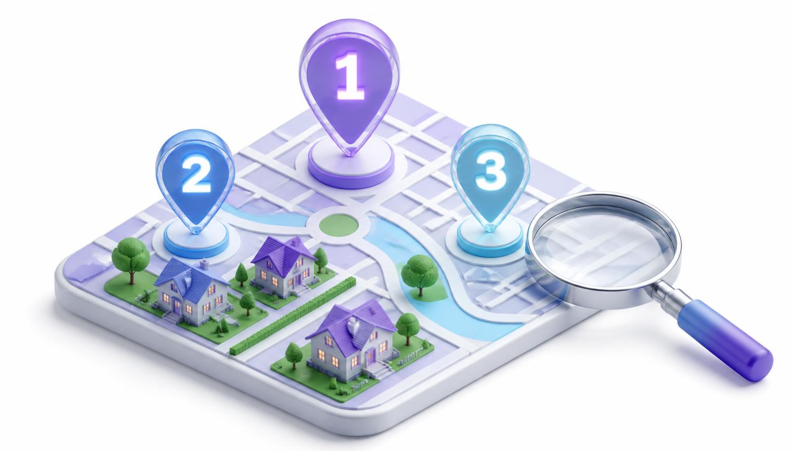 Isometric illustration of a local map with three ranked location pins and a magnifying glass