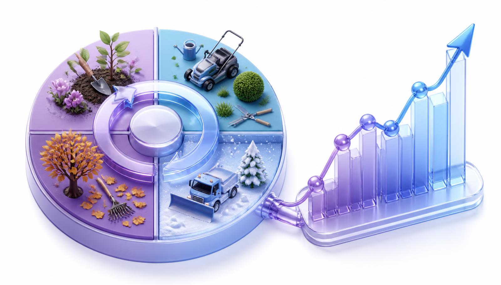 Isometric illustration of a four-season calendar wheel connected to a rising growth chart