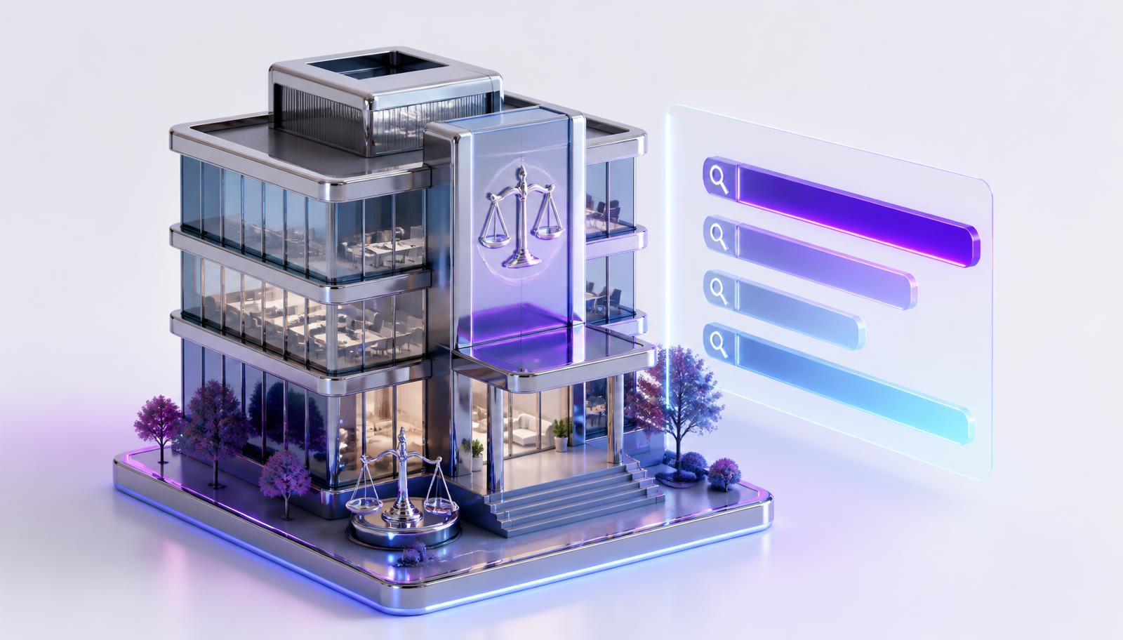 3D illustration of a law firm office with rising search ranking bars