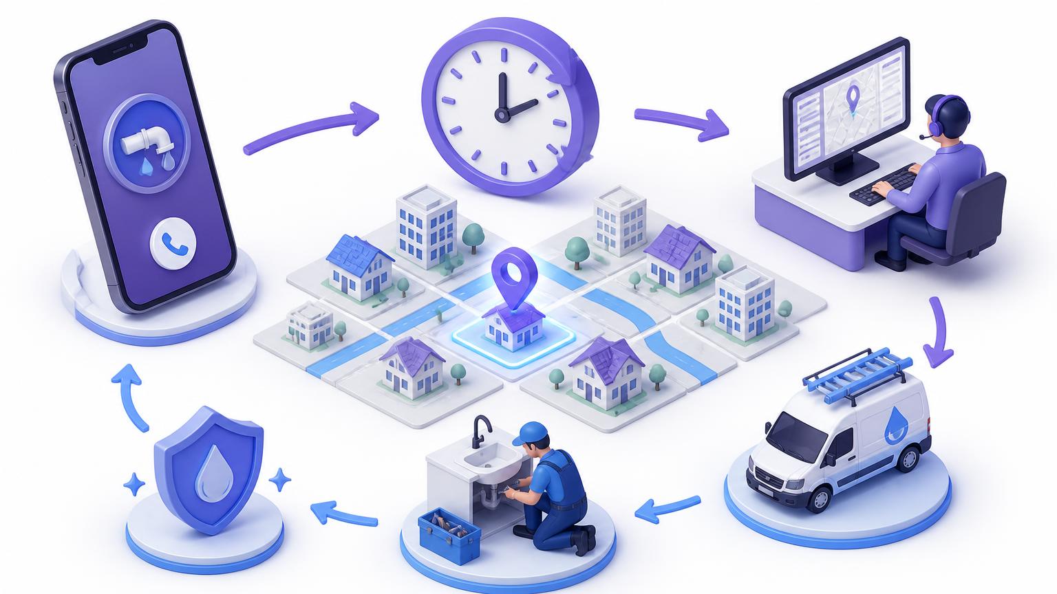 3D illustration of a 24/7 emergency plumbing call flow across a city grid of service areas