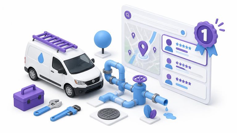 3D illustration of a plumbing van, pipe network and a local map pack result with a number one badge