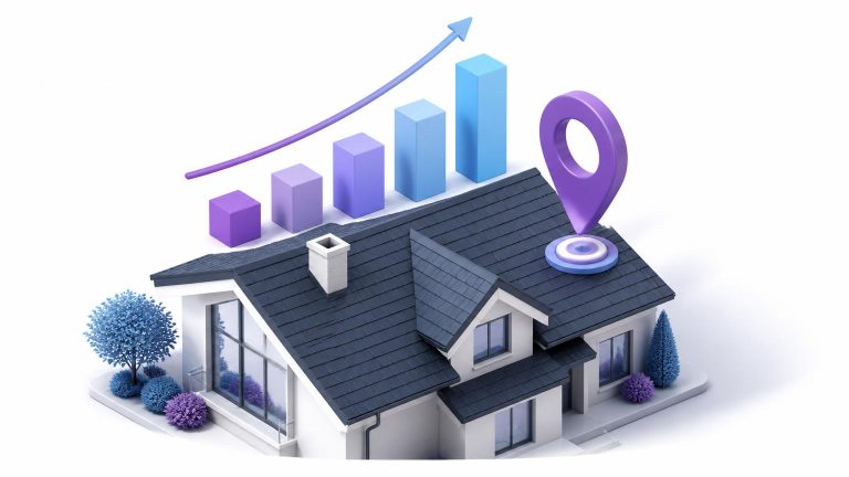 3D illustration of a residential roof with rising search ranking bars and a local map pin