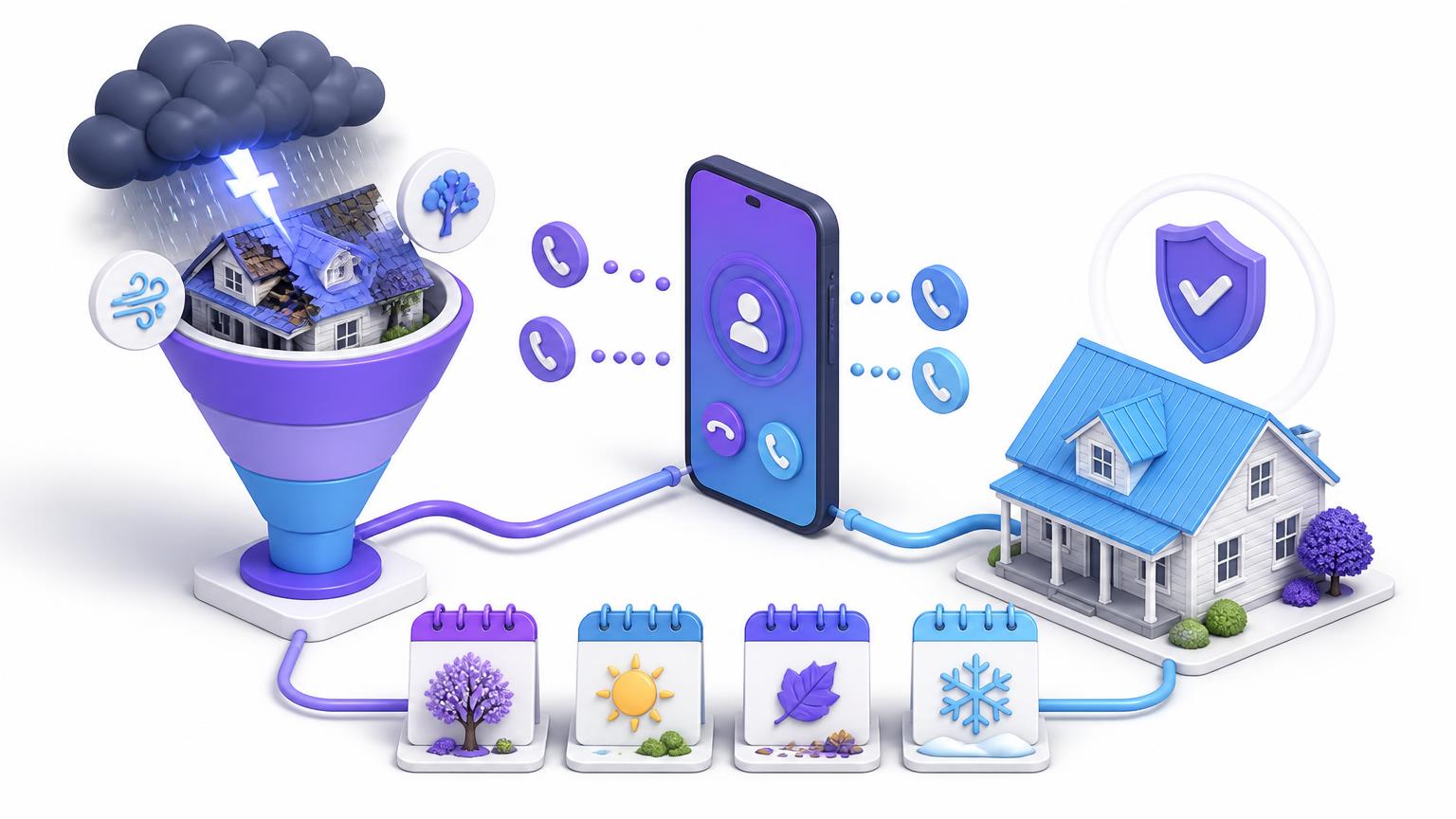 3D illustration of storm damage feeding an emergency roofing lead funnel across four seasons