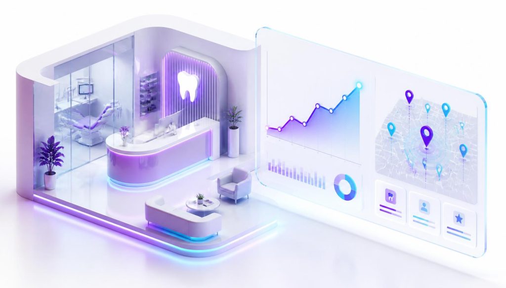 Dental clinic with an SEO analytics dashboard showing rising rankings