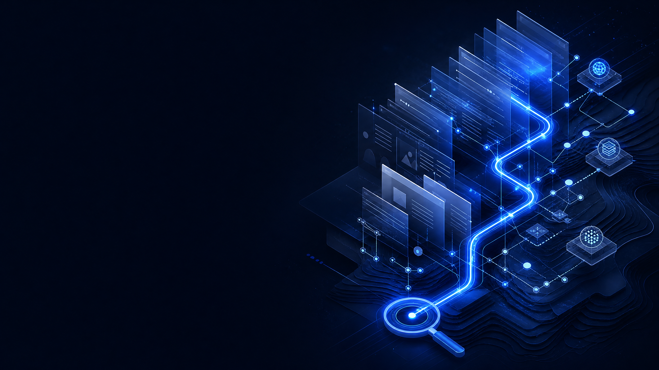 Abstract SEO crawl and discovery pathways connecting structured pages and search signals