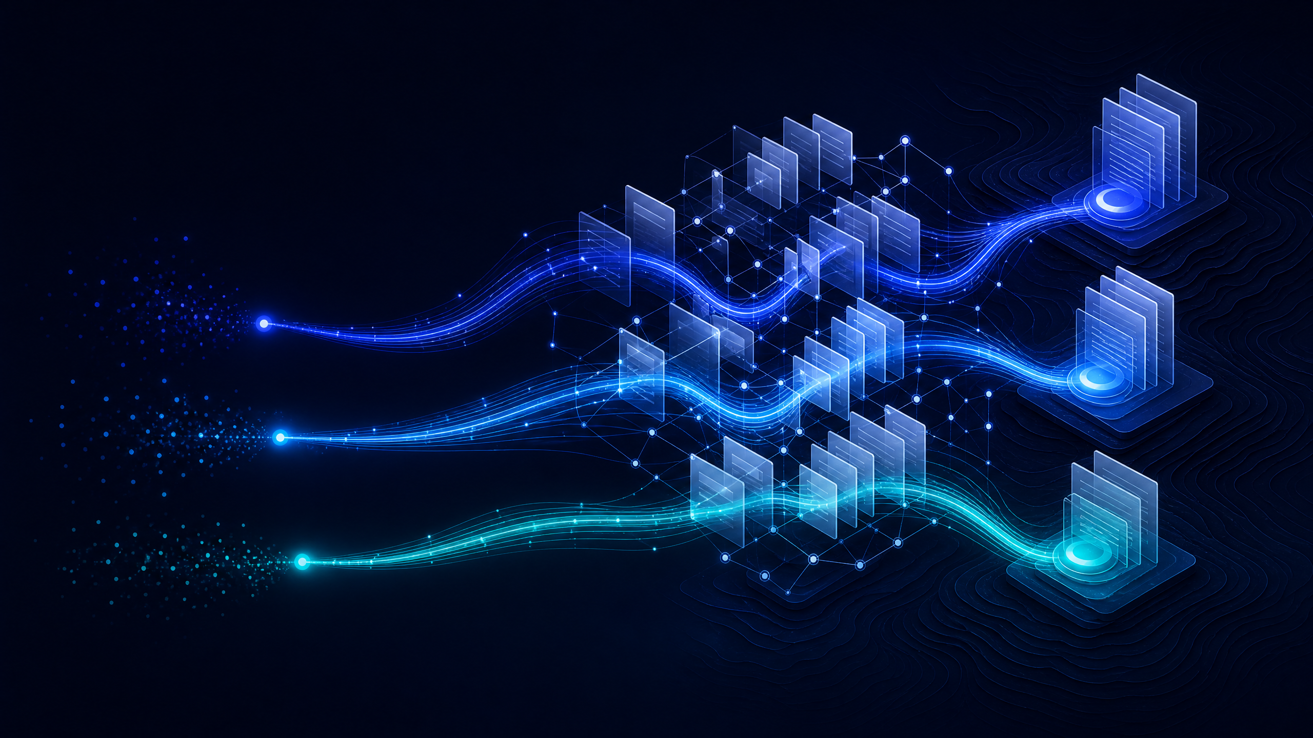 Abstract linked SEO content pathways showing search signals flowing through organized content clusters