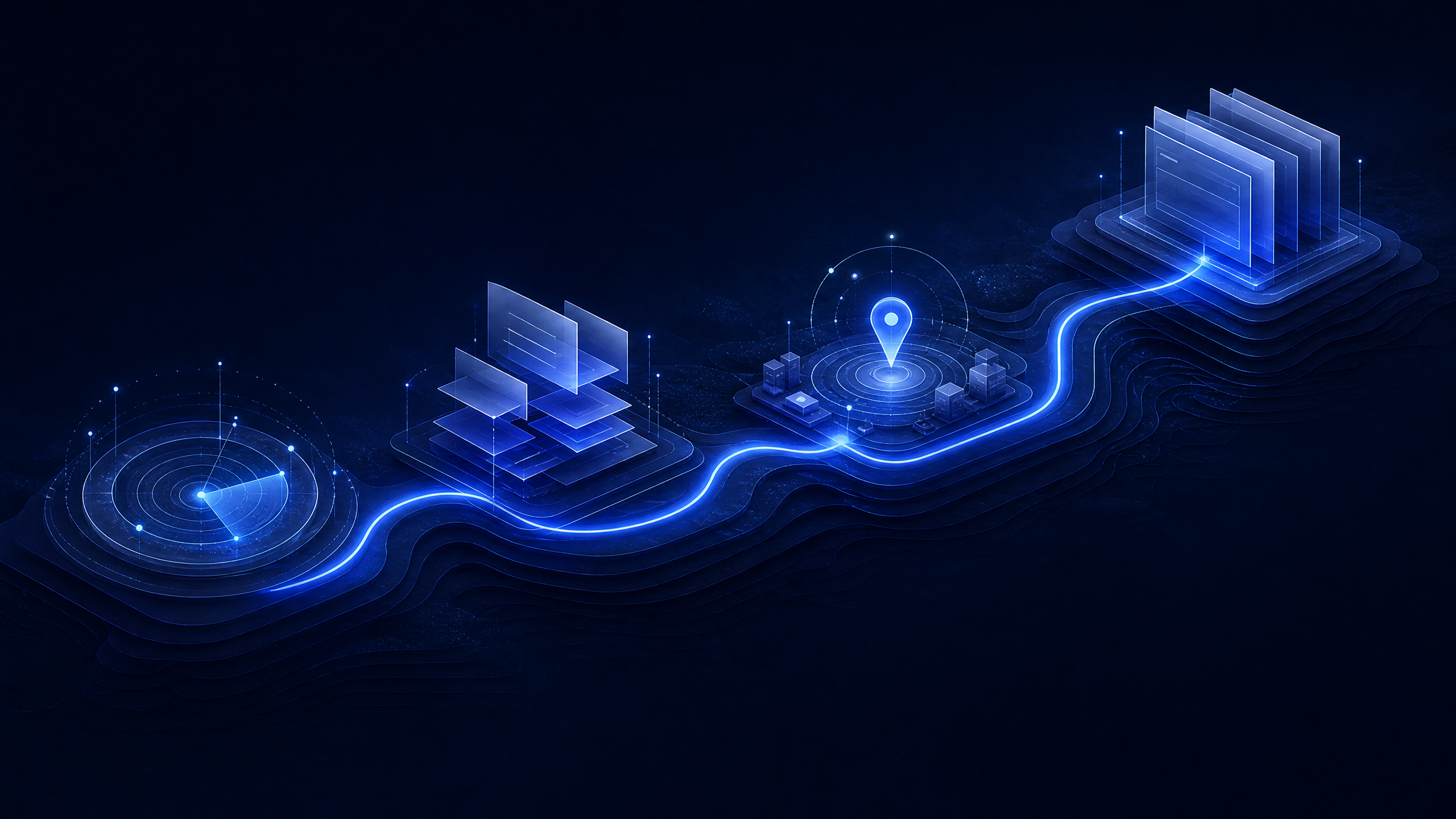 Abstract evidence-led SEO review pathway with connected discovery, content, local-signal, and review waypoints