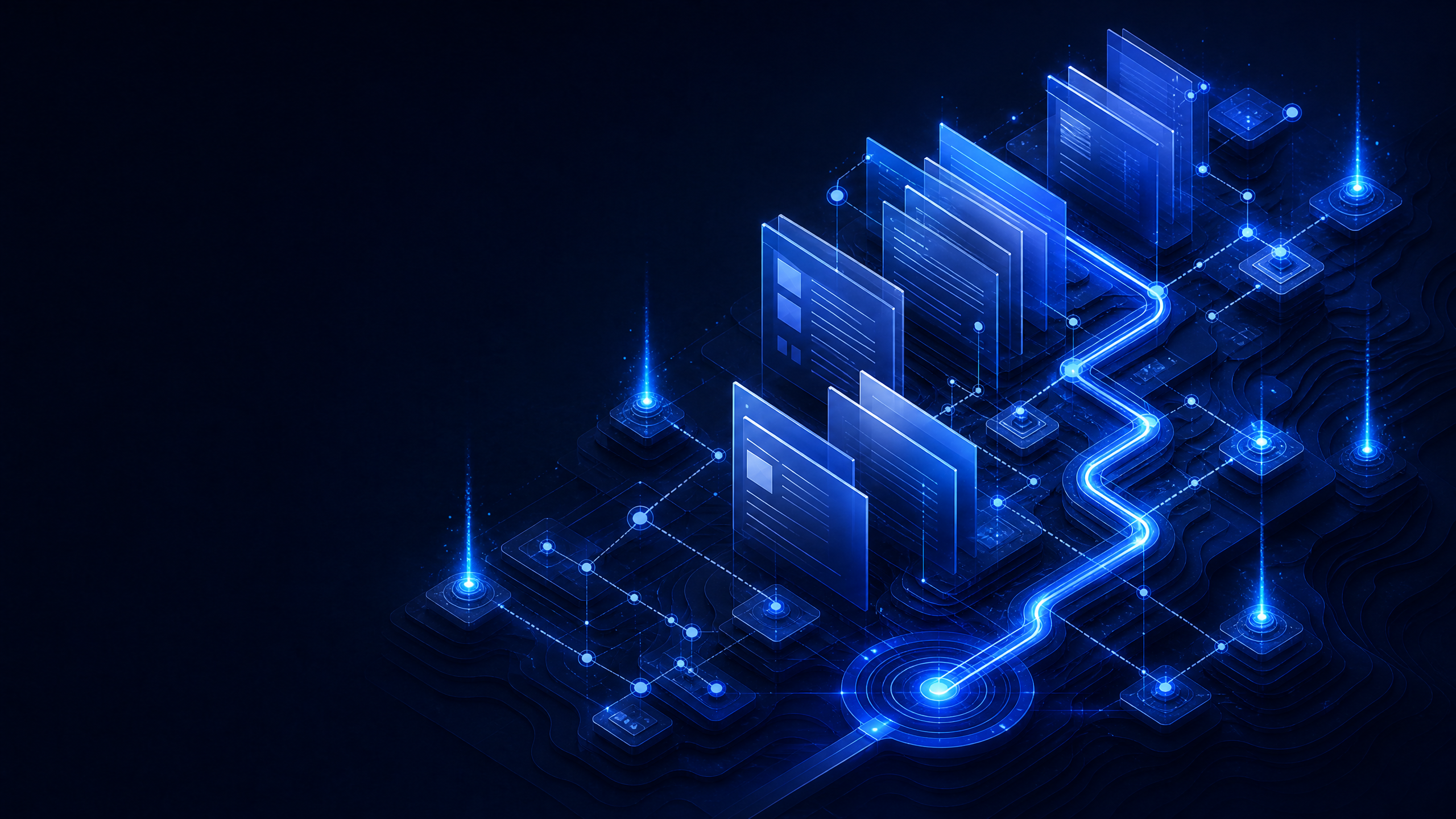 Abstract technical SEO terrain with layered pages, canonical route, and structured crawl signals