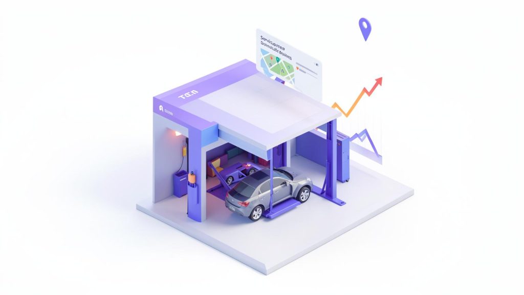 Auto repair garage with a car on a lift and a rising search chart