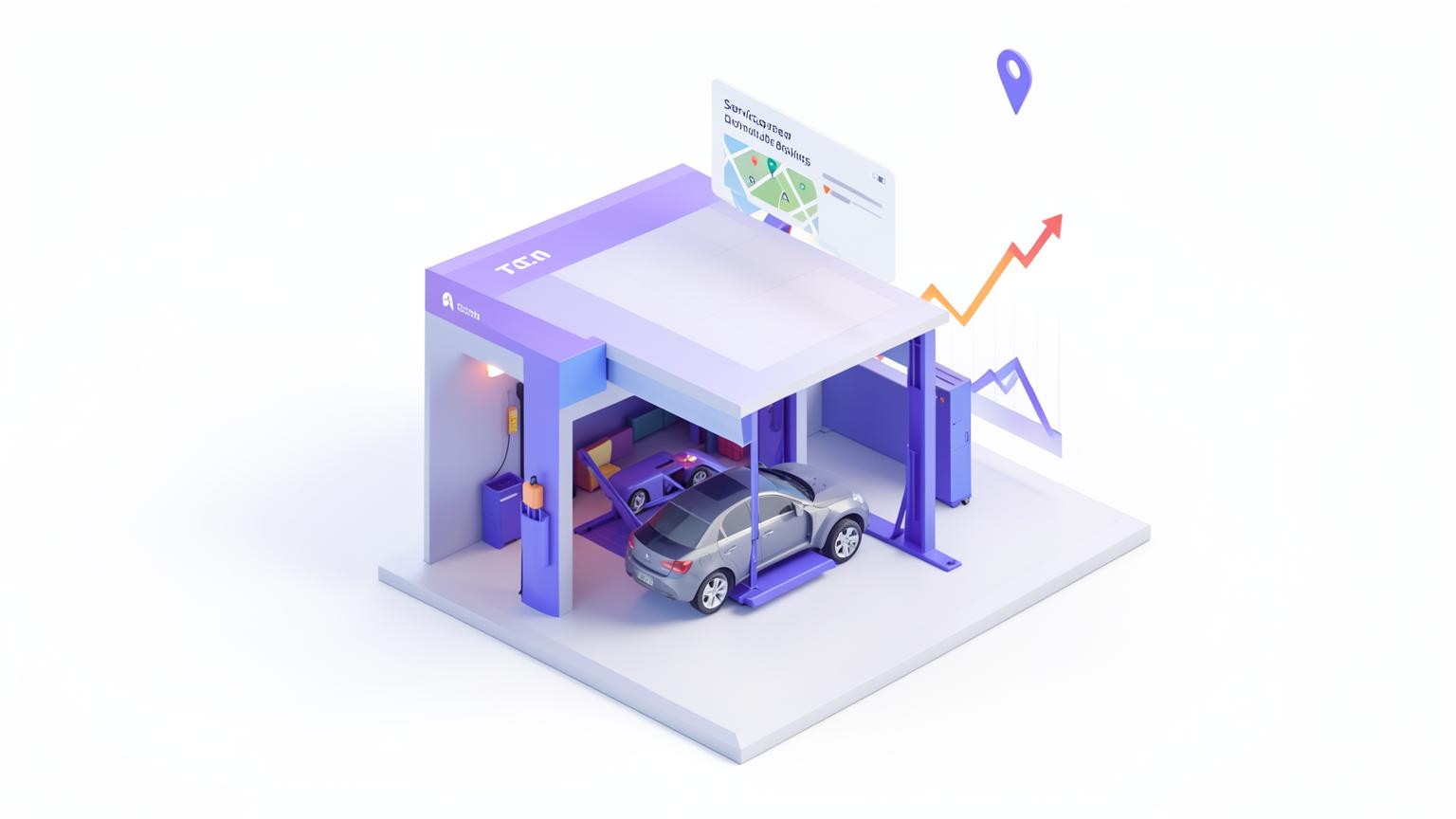 Auto repair garage with a car on a lift and a rising search chart