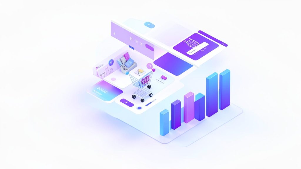 Isometric illustration of an online store dashboard with rising search traffic