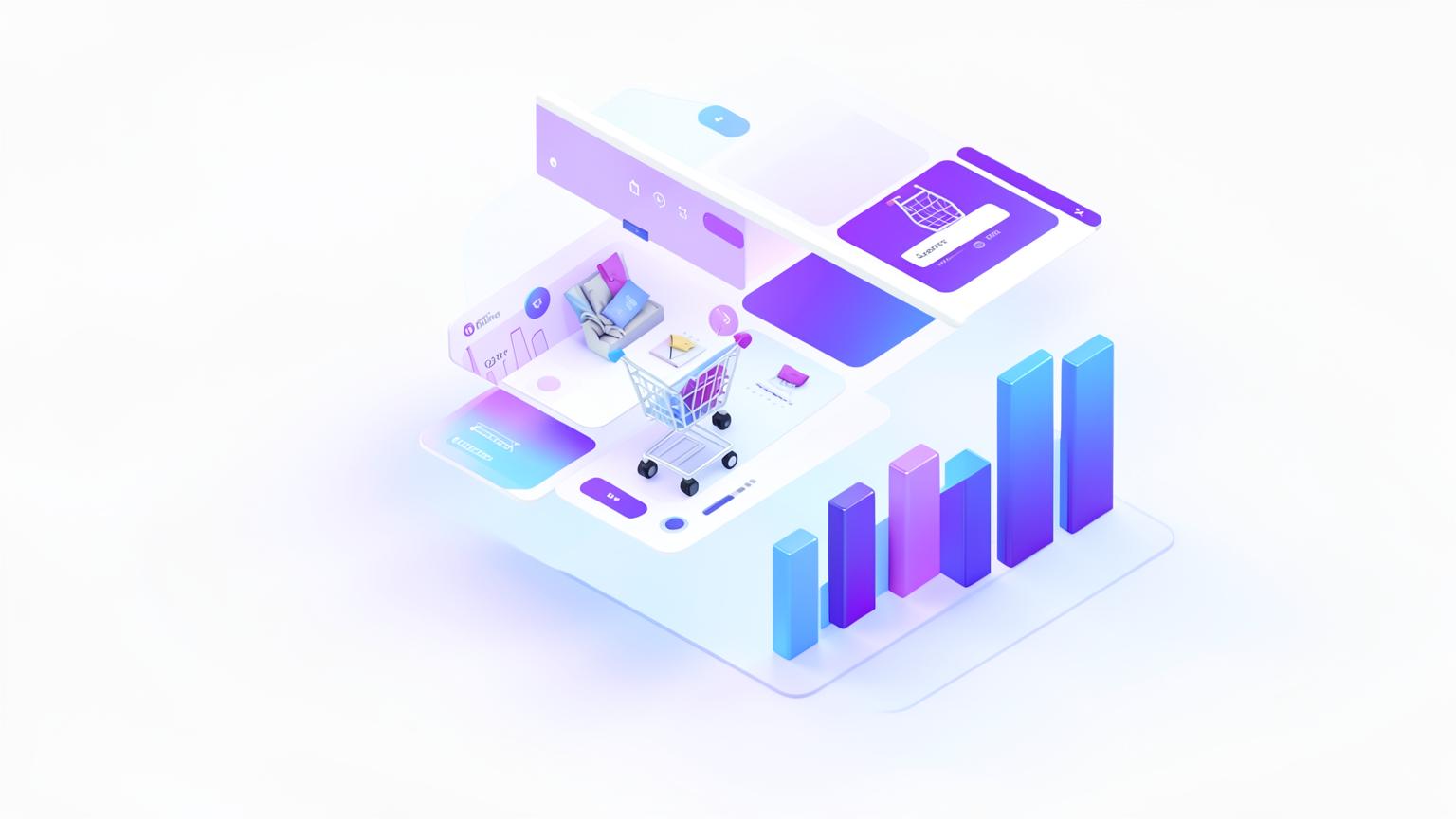 Ecommerce SEO dashboard with product cards and a rising traffic chart