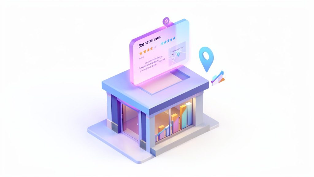 Restaurant storefront with a rising search ranking chart