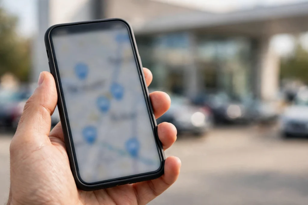 Car dealership SEO: Google Business Profile map results on a smartphone