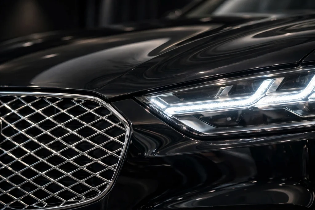 Car dealership SEO: close-up of a car's headlight and grille on a vehicle detail page