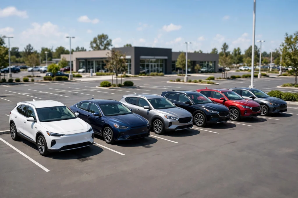 Car dealership SEO: rows of vehicles in a dealership inventory lot