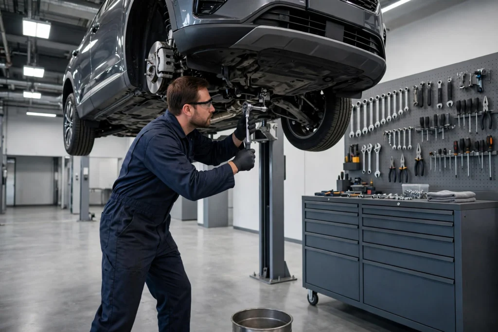 Car dealership SEO: mechanic servicing a car on a lift in a service bay