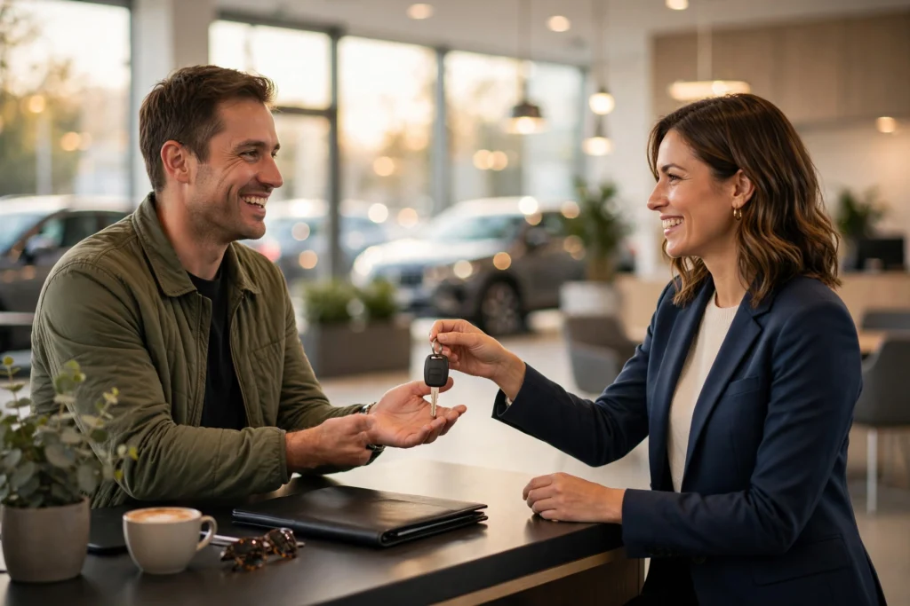 Car dealership SEO: salesperson shaking hands with a satisfied car buyer