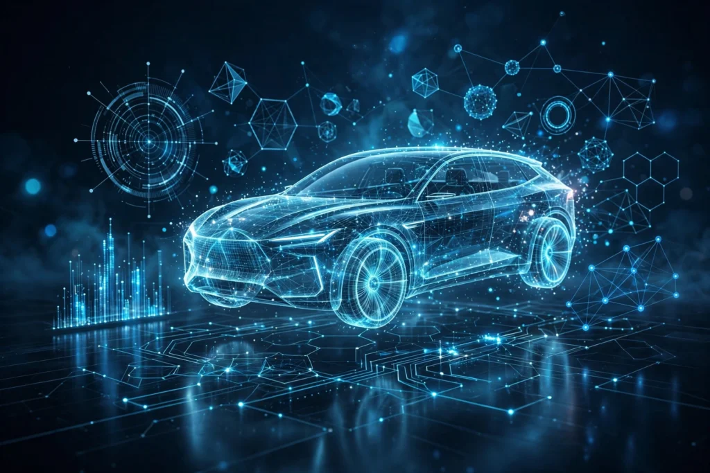 Car dealership SEO: digital wireframe car representing AI search technology