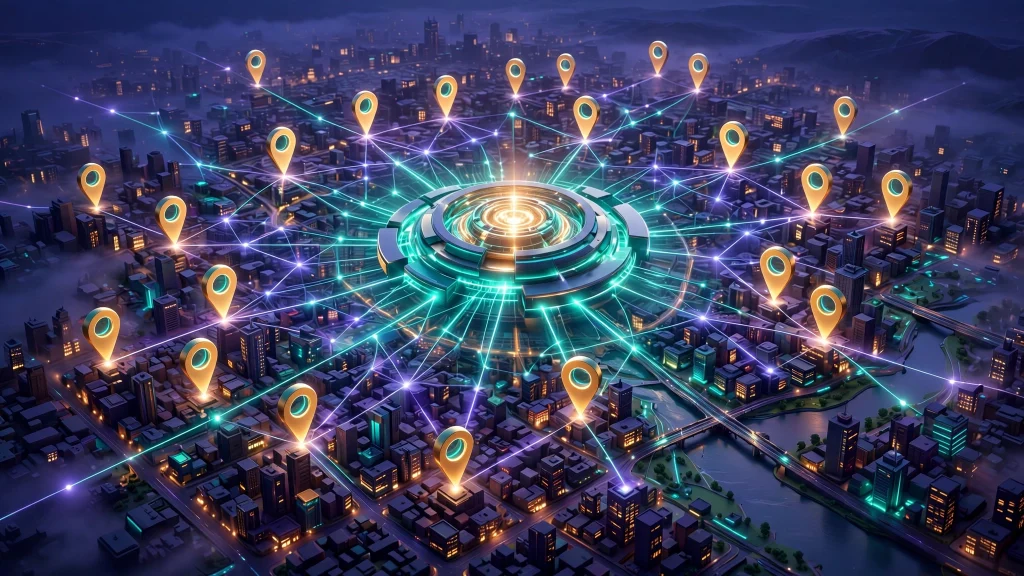 Illustration of a glowing brand hub connected to map pins marking franchise locations across a city, representing franchise SEO.
