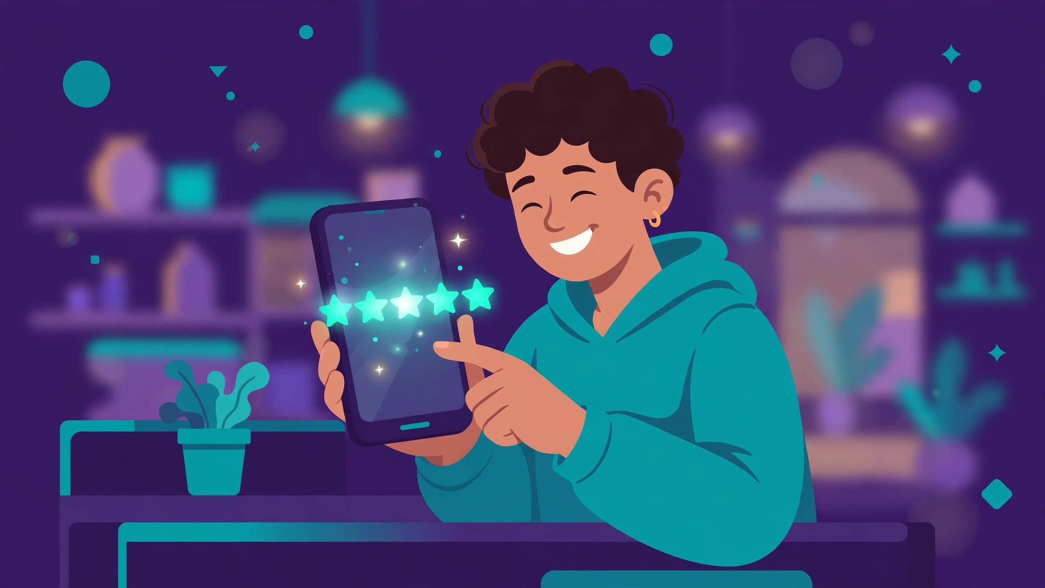 Happy customer tapping a five-star review on a smartphone at a store counter, illustrating review generation for franchise SEO.