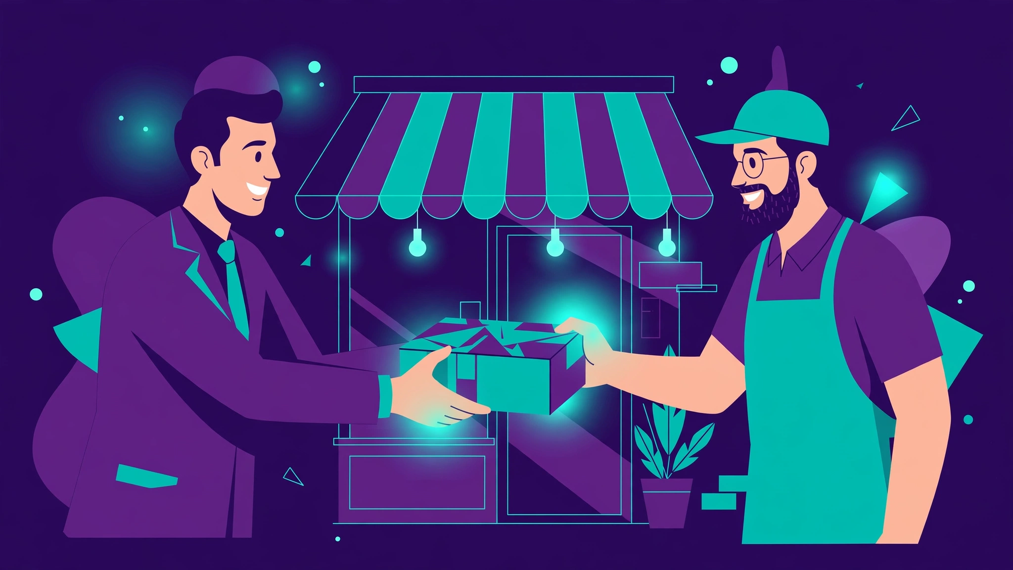 Corporate representative handing a brand playbook kit to a local franchise store owner in a partnership scene for franchise SEO.